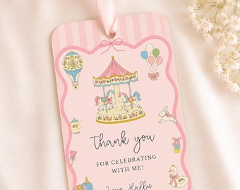 Sjabloon voor bedankkaartjes voor de eerste keer, carrousel verjaardagsbedankkaartjes, printbare bedankkaartjes, vintage carrousel feestbedankkaartjes
