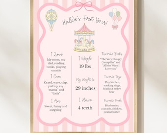 Sjabloon voor mijlpaalbordje 'Eerste verjaardag', Carrousel verjaardagsbordje, Vintage Carrousel mijlpaalbord, Roze Carrousel babystatistiekenposter