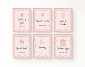 Sjabloon voor gepersonaliseerde feestborden van First Go Around, vintage carrousel verjaardagsfeestborden, roze carrousel feestbord om te printen, carrousel decoratie