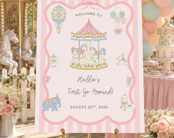 Welkomstbord voor de eerste verjaardag, bewerkbaar carrousel welkomstbord voor de eerste verjaardag, vintage carrousel verjaardagsbord, roze circusfeestbord