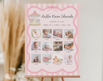 Sjabloon voor een mijlpaalbord met foto's van de eerste keer, roze carrousel fotobord, carrousel fotocollage, maandelijks babyfotobord, Canva-sjabloon