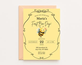 Sjabloon First Bee Day verjaardagsuitnodiging, Buzz On over First Bee Day-uitnodiging, Bee 1e verjaardag uitnodigen, Girl Bee Party, Canva-sjabloon