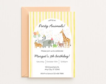 Sjabloon feestbeesten verjaardagsuitnodiging, safari verjaardagsuitnodiging, dierentuindier feestuitnodiging, canvas sjabloon, kinderverjaardagsuitnodiging