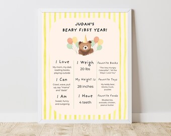 Beary eerste verjaardag mijlpaal bord sjabloon, Beary 1e jaar poster, Bear thema mijlpaal bord, bewerkbare sjabloon, teken babystatistieken