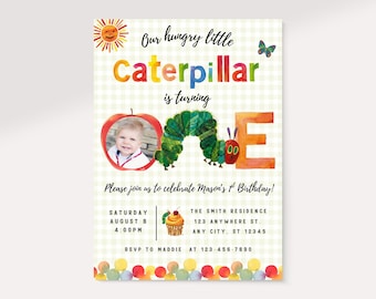 Zeer hongerige Caterpillar 1e verjaardag uitnodiging sjabloon, bewerkbare foto eerste verjaardag uitnodigen, hongerige kleine Caterpillar ONE Party