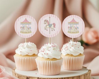 Cupcake topper sjabloon voor de eerste ronde, vintage carrousel cupcake toppers, roze carrousel toppers, printbare feestdecoratie, carrousel verjaardag