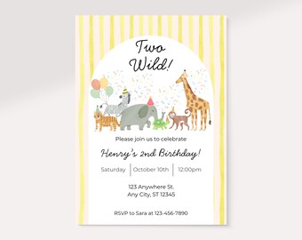 Sjabloon voor twee wilde verjaardagsuitnodiging, 2e verjaardagsfeestje uitnodigen, safari verjaardagsuitnodiging, dierentuin verjaardagsuitnodiging, bewerkbare canva-sjabloon