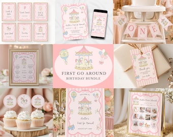 Eerste verjaardagspakket, Vintage carrousel verjaardagspakket, Roze carnavalsfeest sjablonen, Carrousel verjaardagsdecoratie, Canva sjablonen