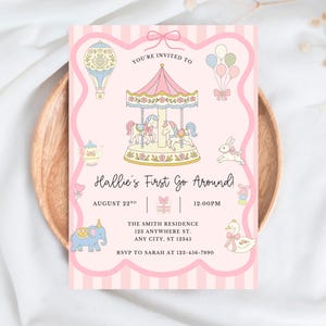 Plantilla de invitación de cumpleaños "First Go Around", invitación de primer cumpleaños con carrusel, invitación editable en Canva, fiesta de cumpleaños con temática de carnaval vintage.