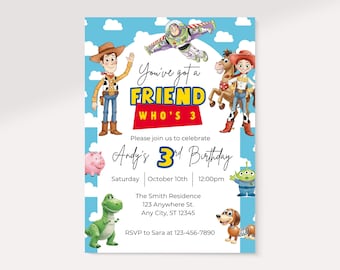 Sjabloon Toy Story 3e verjaardagsuitnodiging, You've Got A Friend Who's 3e verjaardagsuitnodiging, bewerkbare Canva Toy Story-feestuitnodiging