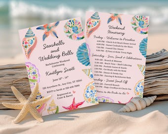 Seashells & Wedding Bells Bachelorette Invitation Template with Itinerary, Coastal Bach Invite, Beach Bachelorette Weekend, Canva Template