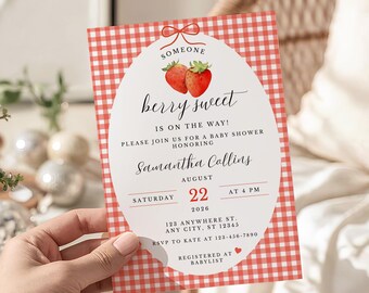 Bes zoete baby shower uitnodiging sjabloon, aardbei babyshower uitnodigen, bewerkbare canvas uitnodiging, picknick babyshower, zomer babyshower