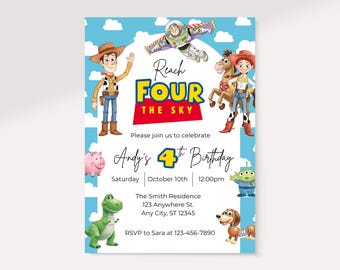 Toy Story 4e verjaardagsuitnodiging sjabloon, Reach Four The Sky verjaardagsuitnodiging, bewerkbare Canva Toy Story-feestuitnodiging, digitale download