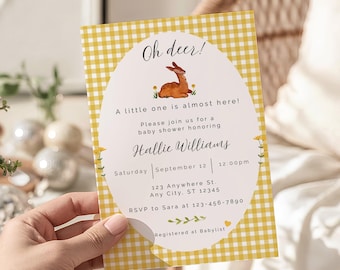 Oh Deer babyshower uitnodigingssjabloon, herten thema babyshower uitnodiging, bosrijke babyshower uitnodiging, bewerkbare canvassjabloon