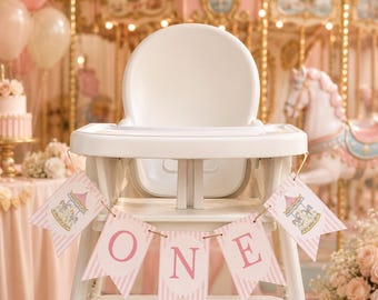 Vintage carrousel verjaardagsbanner voor de eerste verjaardag, banner voor de eerste verjaardag, roze carrousel verjaardagsbanner, carrousel feestdecoratie