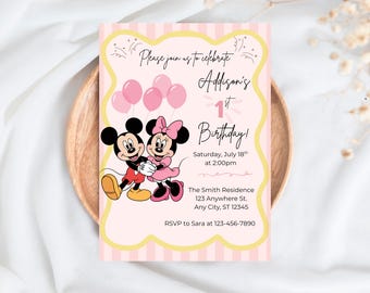 Minnie & Mickey Mouse 1st Birthday Invitation Template, Pink Minnie Birthday Invite, Editable Canva Invitation, First Birthday Party Invite