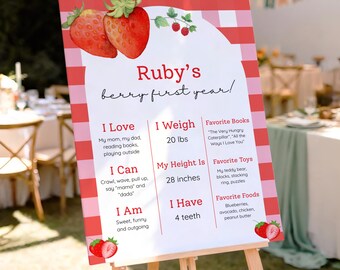 Sjabloonbord eerste verjaardag Berry, bord eerste jaar Berry, mijlpaalbord eerste verjaardag aardbei, bewerkbare canvassjabloon