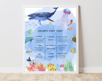 Sjabloon Oneder The Sea Milestone Sign, Under The Sea Milestone Board, Ocean 1e verjaardag poster, bewerkbare canvassjabloon, bord babystatistieken