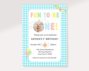 Fun to Be One verjaardagsuitnodiging sjabloon, eerste verjaardagsuitnodiging, jongen 1e verjaardag, bewerkbare Canva-uitnodiging, pastelkleurige verjaardagsuitnodiging