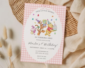 Winnie the Pooh Birthday Invitation Template, Pink Gingham Pooh Bear Birthday Party Invitation, Our Little Honey Turns One, Canva Template