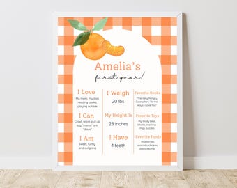Onze kleine schat eerste verjaardag mijlpaalbordsjabloon, oranje bord 1e jaar, bewerkbare babymijlpaalposter, citrusthema, canva downloaden