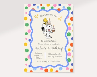 Snoopy verjaardagskaart sjabloon, Little Peanut verjaardagskaart sjabloon, uitnodiging voor de eerste verjaardag van een jongen of meisje, bewerkbare Canva uitnodiging