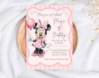Sjabloon Minnie Mouse 1e verjaardagsuitnodiging, roze Minnie verjaardagsuitnodiging, bewerkbare Canva-uitnodiging, uitnodiging meisje eerste verjaardagsfeestje