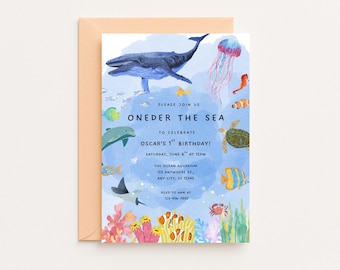 Oneder de zee verjaardagsuitnodiging, onder de zee bewerkbare sjabloon, oceaandieren kinderen verjaardagsuitnodiging, zeedieren uitnodigen, canvas sjabloon