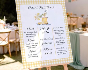 Mijlpaal eerste verjaardag Little Chick, bord verjaardag kuiken, decor boerderij verjaardag, poster eerstejaarsstatistieken baby, bewerkbare canva-sjabloon