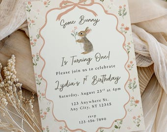 Some Bunny Is One Birthday Invitation Template, Bunny 1st Birthday Invitation, Floral Bunny Birthday Invite, Vintage Floral Birthday
