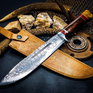 Handmade Damascus hunting knife with Rose Wood Handle Groomsman gift wedding gift Bowie knife birthday gift anniversary gift camping knife