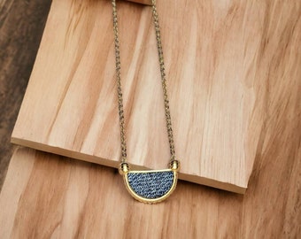 Denim Necklace- Stainless steel gold semi circle Denim Pendant thin chain choker