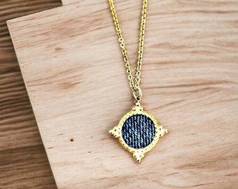 Denim Necklace- Stainless steel gold pointed circle Denim Pendant thin chain choker