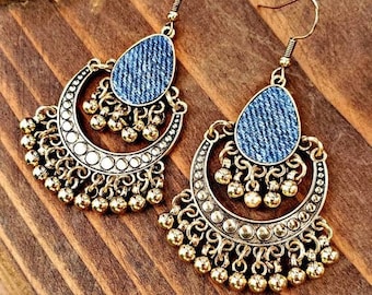 Denim Earrings Bali raindrop pendant Jean shaker dangle gold