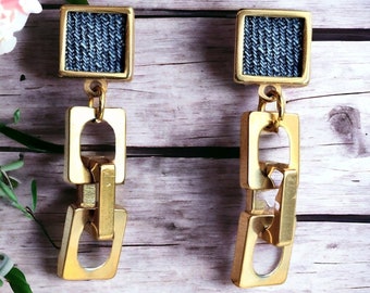 Denim Square post dangle chain Earrings- Gold stainless steel Jean
