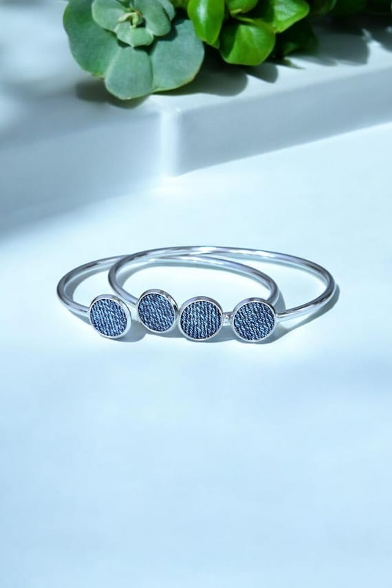 Denim Bangle Bracelet- Med Round Pendant Twist Stainless Denim