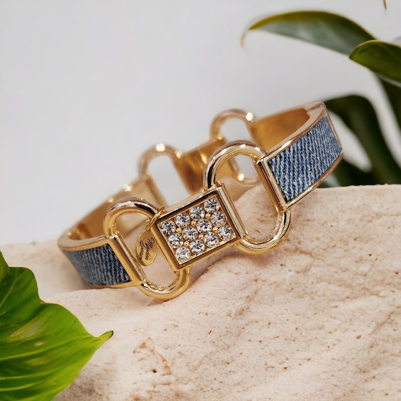 Denim Bracelet GOLD plated rhinestone jean link cuff bracelet zdjęcie 1
