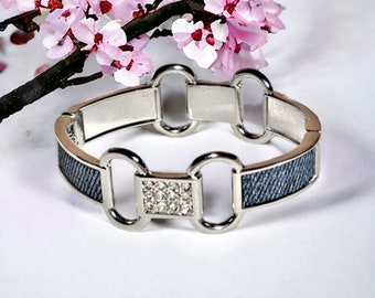 Denim Bracelet- Silver plated rhinestone jean link cuff bracelet