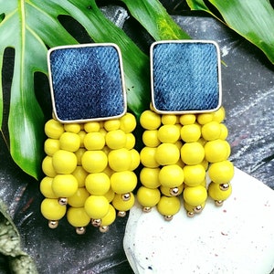 Denim Square Stud Bead Tassel Earrings- Gold plated Jean YELLOW
