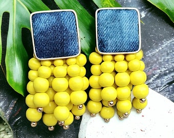 Denim Square Stud Bead Tassel Earrings- Gold plated Jean YELLOW