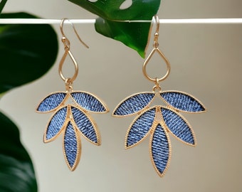 Denim Dangle Earrings- Leaf Jean gold earrings