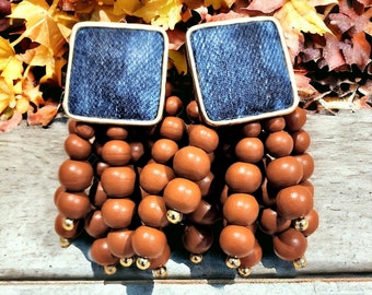 Denim Square Stud Bead Tassel Earrings- Gold plated Jean BROWN