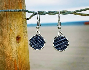 BUSINESS FUND: Denim Earrings- Antiqued Round zipper trim Denim Jean