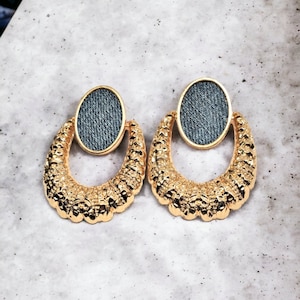 Denim Oval Stud Earrings- Doorknocker Gold plated Jean earrings