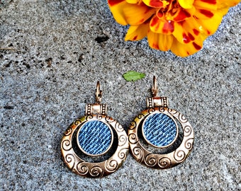 Denim Earrings- Aztec vintage Round Pendant Lever back gold plated Jean dangle