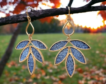 Denim Dangle Earrings- Leaf Jean gold earrings