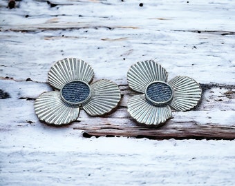 Denim Round post flower Earrings- Silver stainless steel Jean