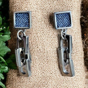 Denim Square post dangle chain Earrings- Silver stainless steel Jean