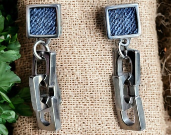 Denim Square post dangle chain Earrings- Silver stainless steel Jean