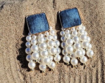 Denim Square Stud Bead Tassel Earrings- Gold plated Jean PEARL